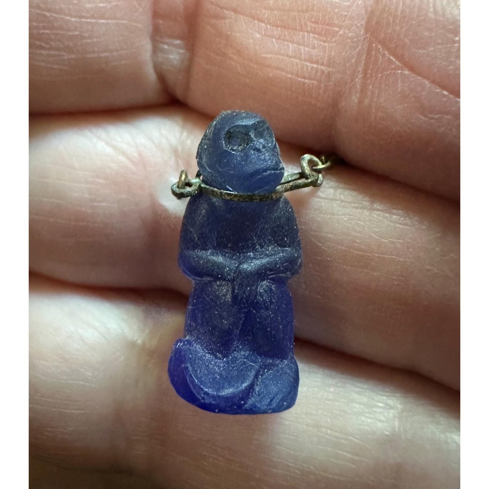 Antique CZECH Glass CRACKER JACK Charm Monkey Blue W/ Collar Leash